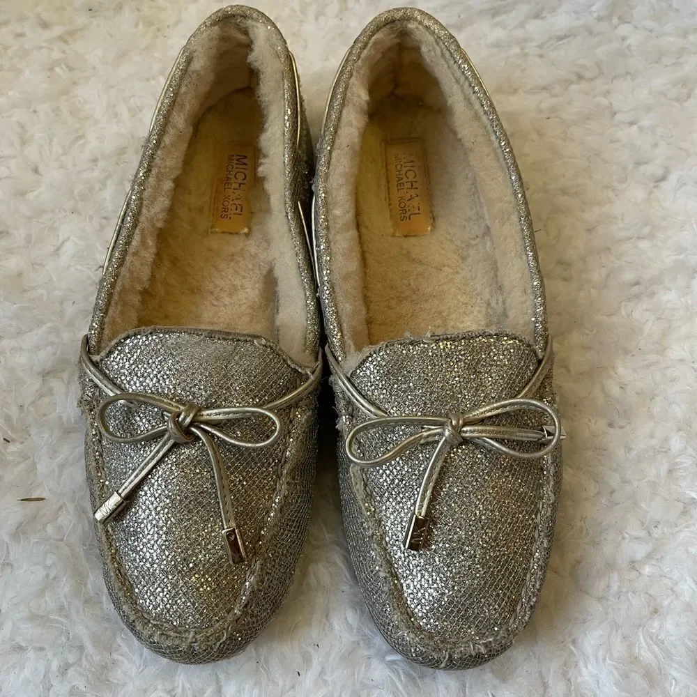 Michael Kors Sutton glitter champagne dyed pieced shearling Moccasins si…